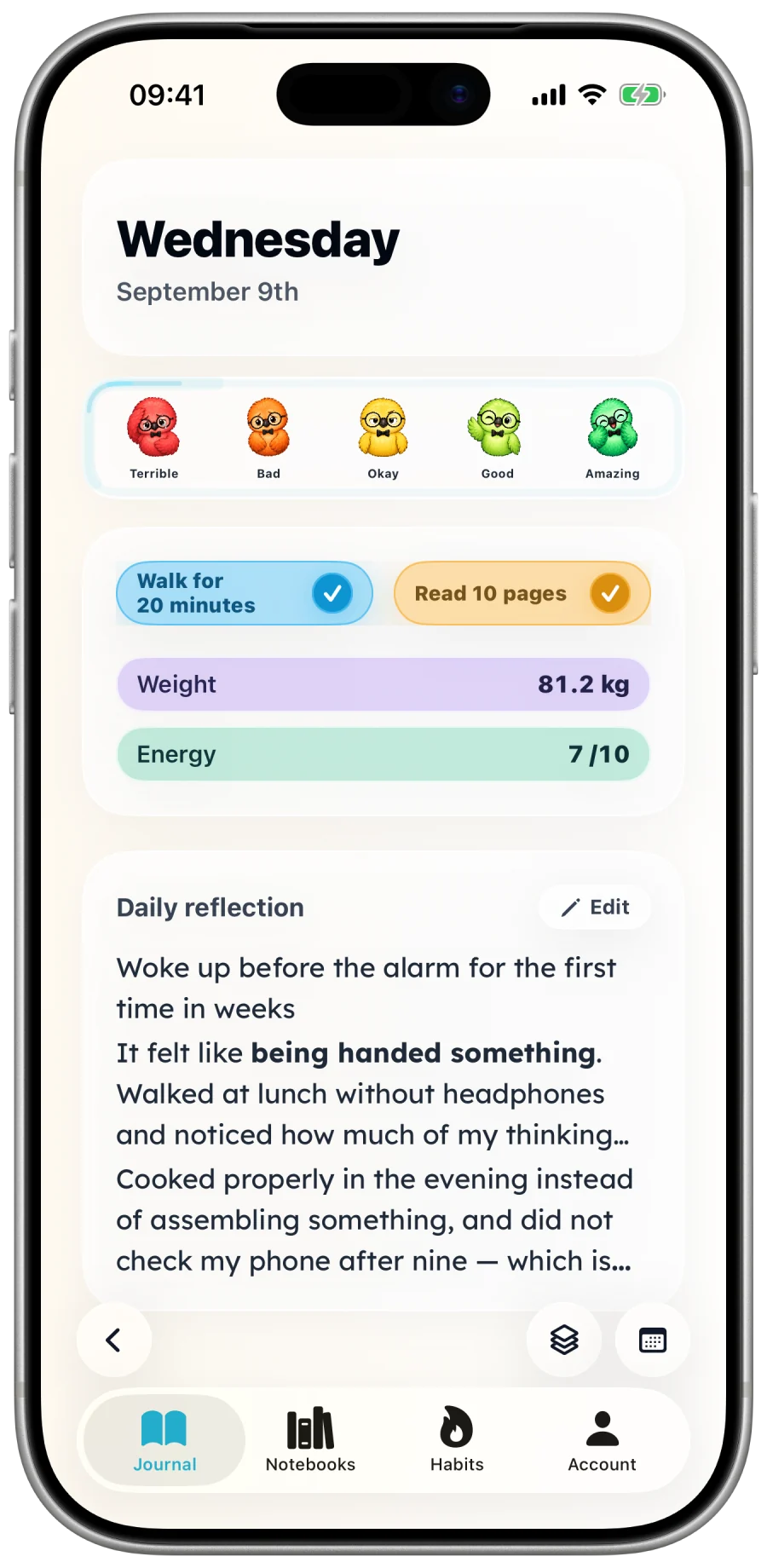 Three Cells daily journaling screen